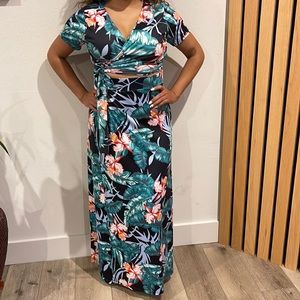 Blue Floral Two Piece Tie Waist Dress